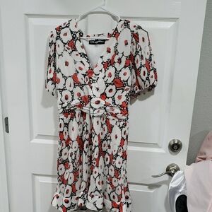 Karl Lagerfeld Red and Black Puff Sleeve Midi Dress